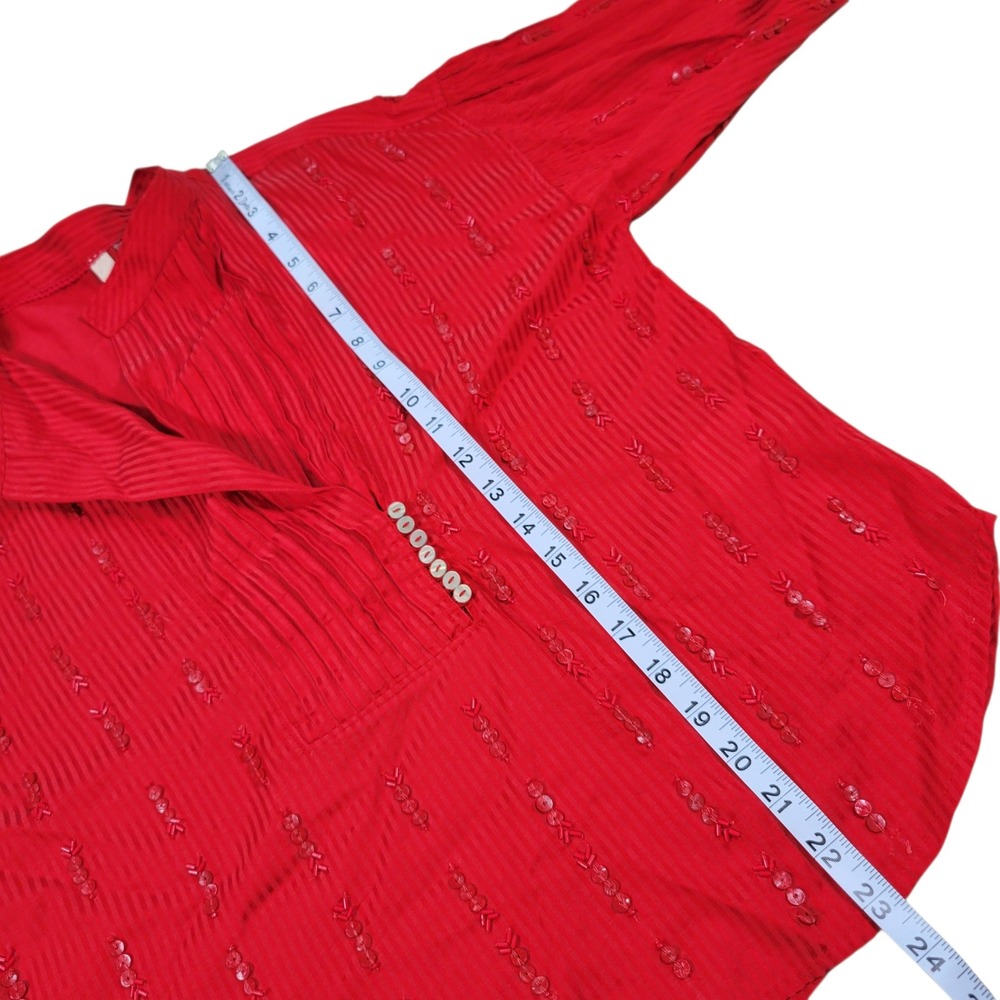 Pilcro Pintucked Button Down‎ Blouse Womens XS Red Beaded V-Neck Boho Anthro Top - Picture 9 of 9